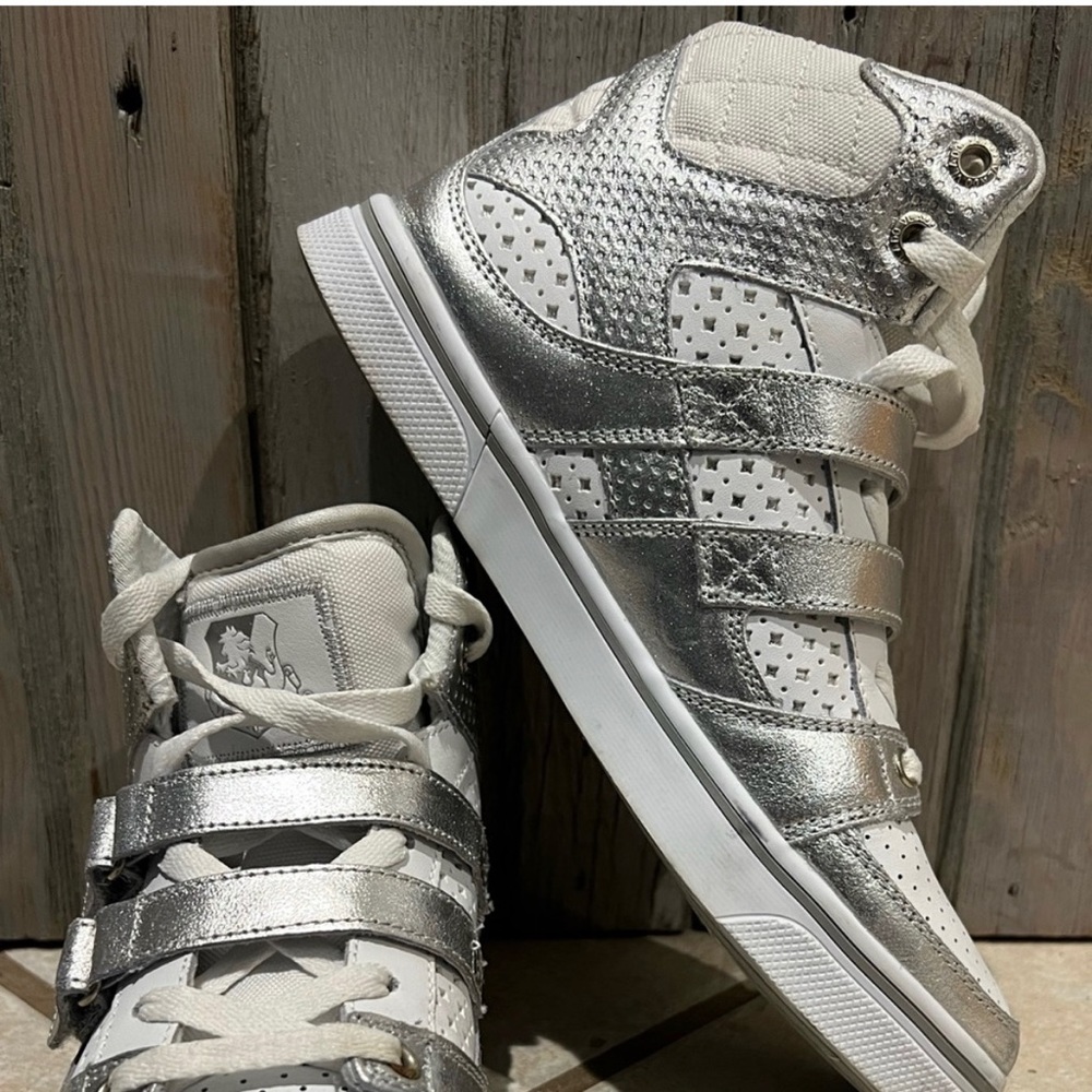 Silver and white Vlado Footwear mid-top sneakers